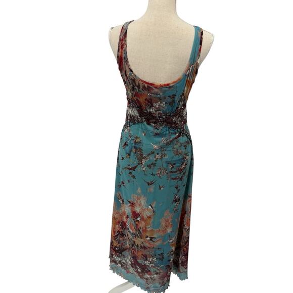 John Paul Gaultier Soleil Maxi Dress M Floral Birds Mesh Sleeveless Smocked Y2K - Picture 6 of 16